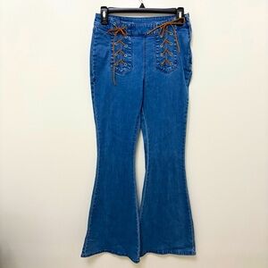 Somedays Lovin Blue Flare Jeans with Brown Lace Detail